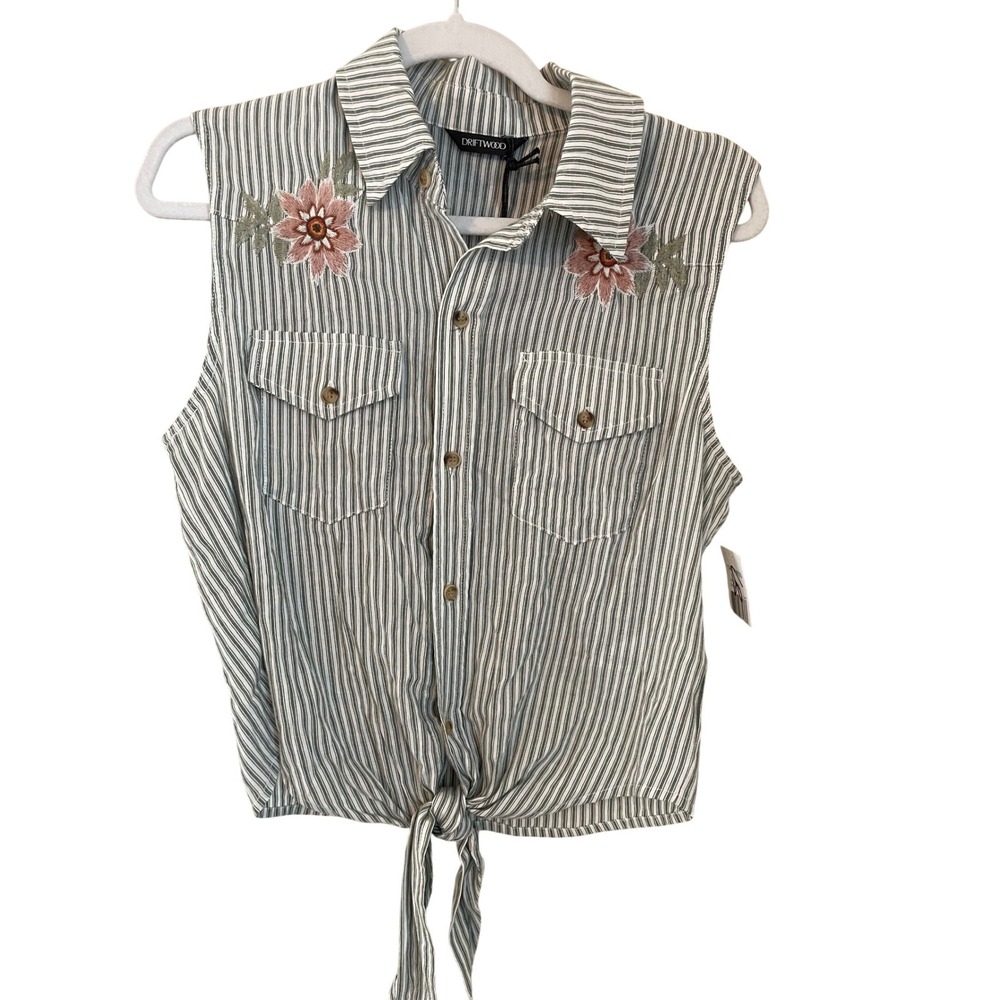 Driftwood Size S Green Striped Floral Embroidered Tie Front Top Western Boho - Picture 1 of 8